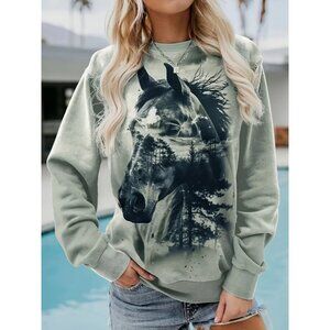 Western Horse Graphic Crewneck Sweater Medium Grey Boho Lightweight